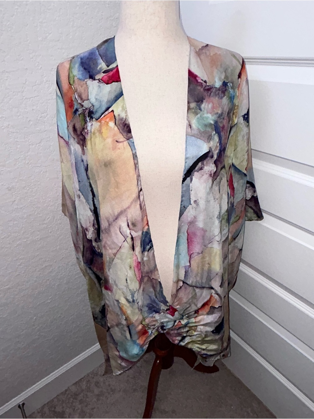 COCOON HOUSE 100% Silk Watercolor Mosaic Print Open Front Kimono Blouse Top